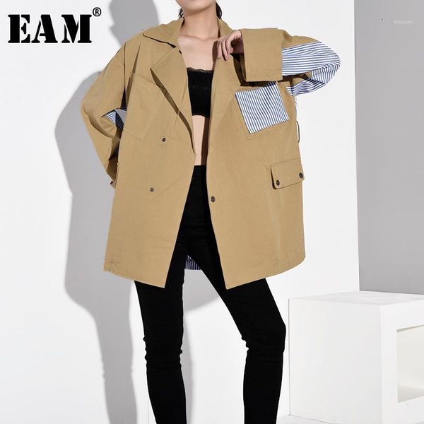 

eam] loose fit khaki striped stitch big size jacket new lapel long sleeve women coat fashion tide spring autumn 2020 wj085041, Black;brown