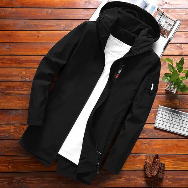 

autumn jacket men's thin loose windbreaker casual medium long coat plus fat oversize fashion clothes, Tan;black