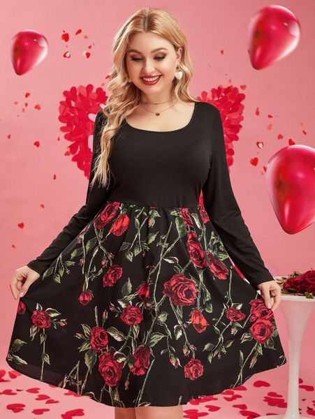 

plus floral print scoop neck dress b7mh#, Black