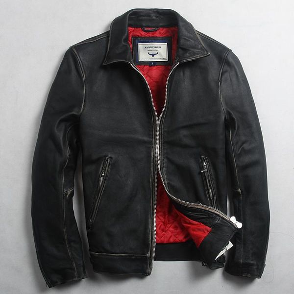 

vintage avirexmen men's genuine fashion slim fit real jacket spring casual leather coat for men1, Black