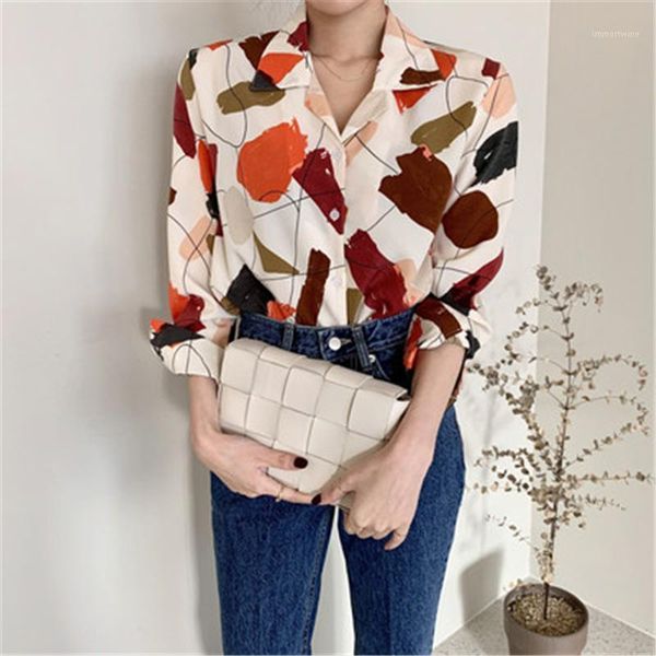 

women colorful print shirts spring autumn chic casual loose turn-down collar single breasted office lady blouses female, White