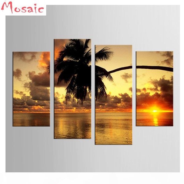 

wholesale diamond painting 4 panels sunset beach coconut trees picture of rhinestone diy needlework diamond embroidery sale home decor