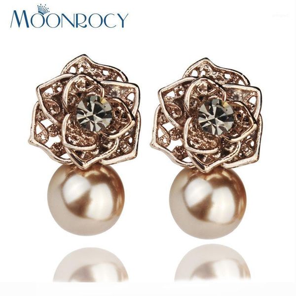 

stud moonrocy crystal earrings fashion rose gold color imitation pearl flower vintage for women gift1, Golden;silver