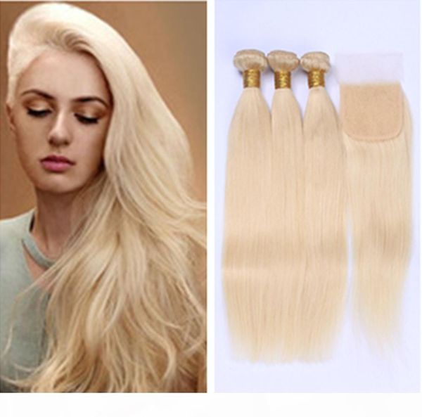 

613 blonde virgin hair 3pcs bundles with clsoure brazilian virgin straight human hair weave blonde brazilian hair weave bundles, Black;brown