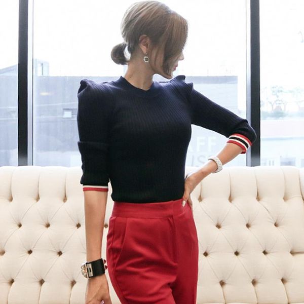 

women sweater 2021 autumn navy puff sleeve striped casual knitted sweater drop shipping high quality, White;black