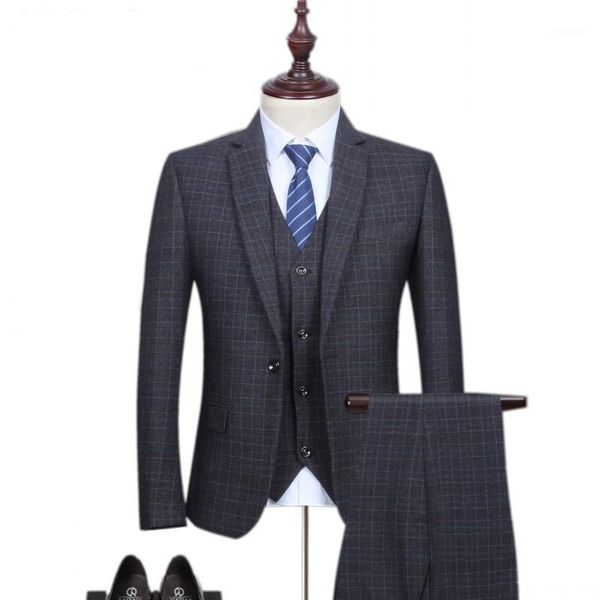 

loldeal 2020 new arrival fashion single button suits men,men's classic small plaid woolen wedding dress suit1, White;black