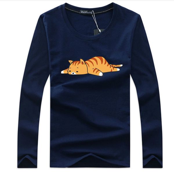 

2020 spring autumn cute cat print o-neck shirt casual long sleeve slim fit t-shirt men funny t shirts, White;black