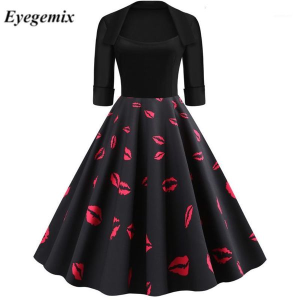 

vintage floral lip print women dress fall winter office party casual dress half sleeve turn-down collar elegant vestidos1, Black;gray