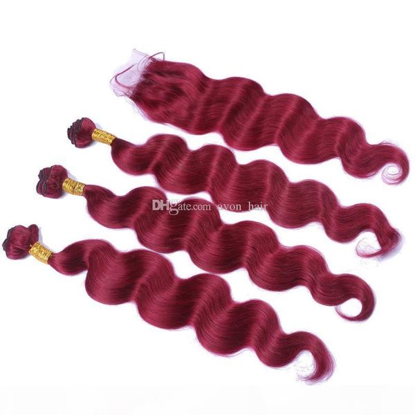 

burgundy color 99j hair weaves with lace closure 4x4 wine red body wave brazilian virgin hair weft with closure, Black;brown