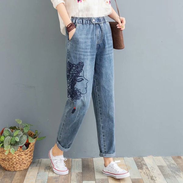 

casual breeze breeches black jeans elastic waist embroidered thin size large nnl5, Blue