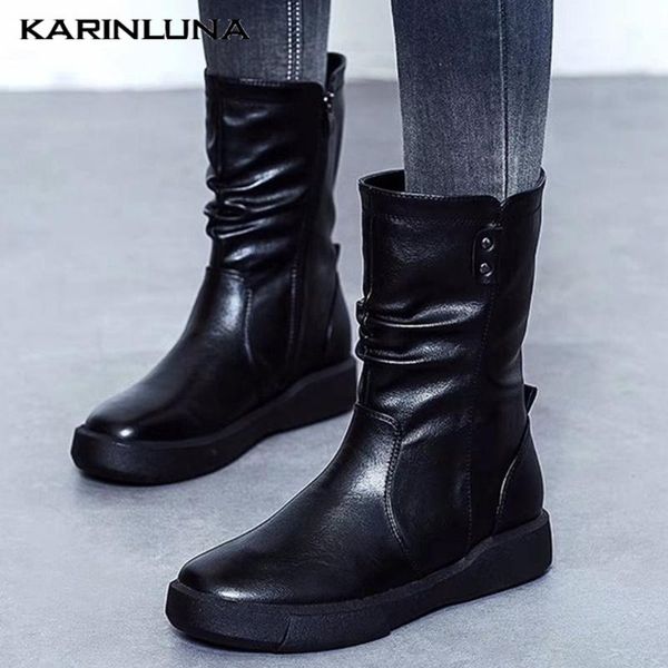 

boots karin 2021 platform flat with women shoes concise zipper round toe pleated autumn ankle, Black