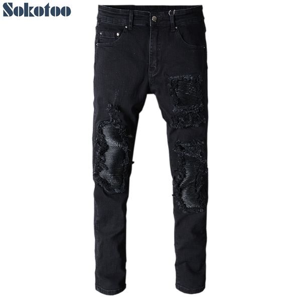 

sokotoo men's black patchwork slim fit stretch denim biker jeans for motorcycle casual skinny patch ripped distressed pants c1123, Blue