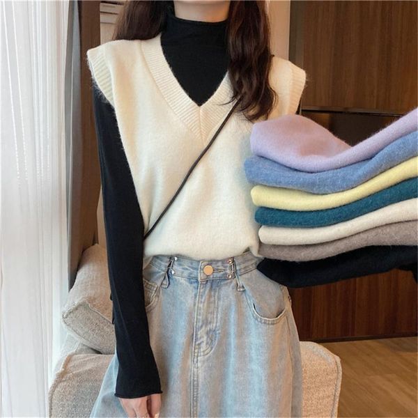 

autumn winter korean fahion sleeveless midi sweater vest women v-neck loose knitted vests solid loose tank pullover outwear, Black;white