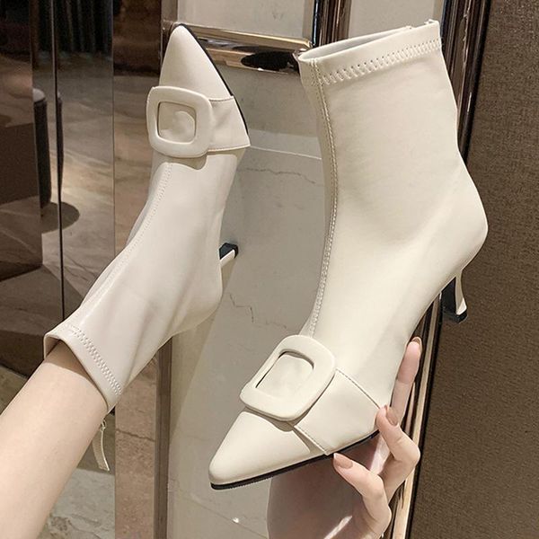 

boots women beige white pointed toe ankle pu leather stiletto behind zipper 2021 fashion solid color female, Black