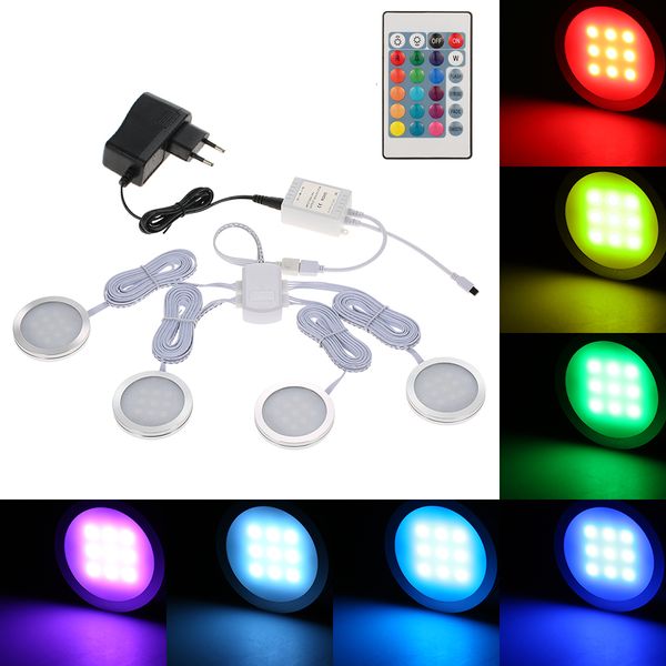 

2021 new 4pcs slim round shape rgb led under cabinet light kit smd5050 puck colorchanging dimmable remote control for kitchen closet ilr5