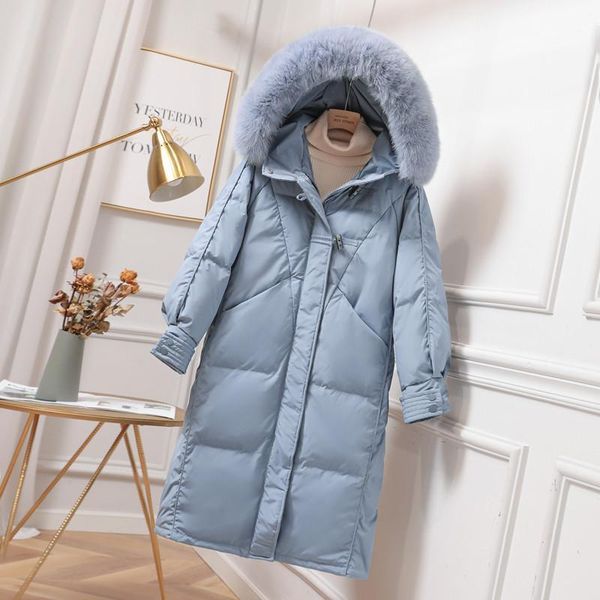 

fitaylor winter women 90% duck down long coat warm snow outwear big real fur hooded jacket horn button loose blue parkas1, Black