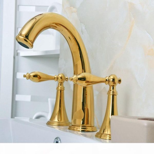 

luxury gold color brass dual lever 3 holes install widespread deck mounted bathroom sink basin faucet sink mixer tap mgf020