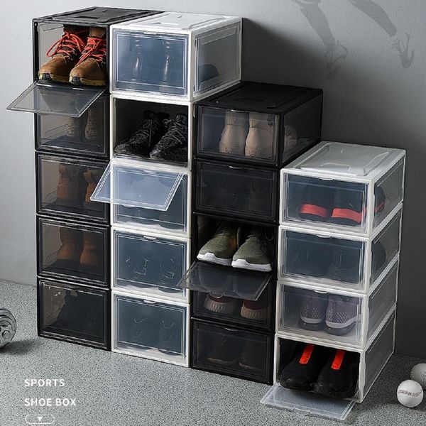 

thicken plastic sport shoes dustproof storage boxes transparent sneaker stackable organizer domestic box exhibition cabinet black white, White;pink