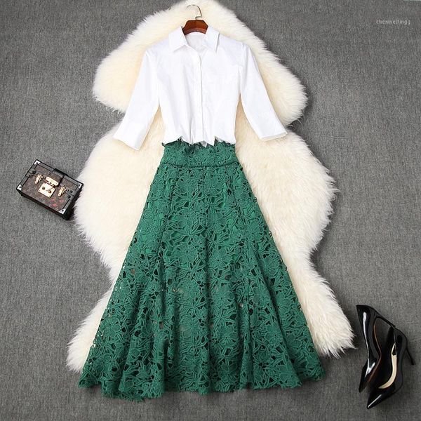

women high waist lace skirt and set summer 2020 hollow out a-line long skirts + elegant white shirts two piece outift1