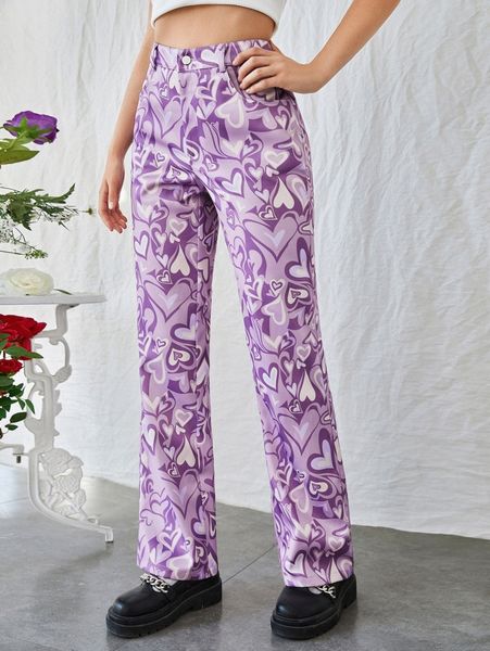 

high waist heart print pants b9o0#, Black;white