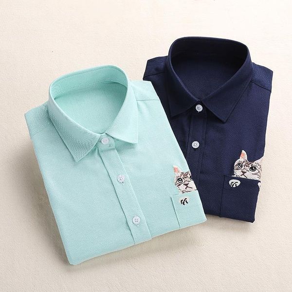 

women school shirt white blue ladies blouses long sleeve shirt female office pocket with cat embroidery