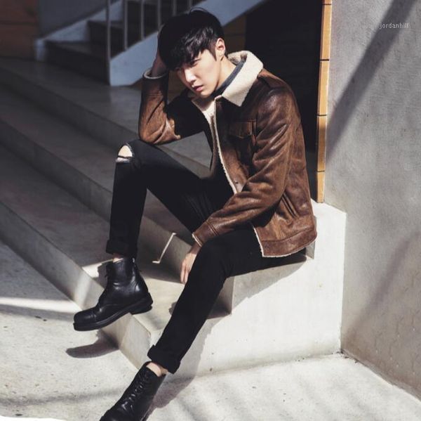 

time silhuette new 2021 winter suede leather jacket male short lamb wool motorcycle jacket thick lambs wool warm coat1, Black;brown