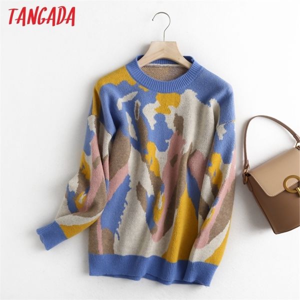 

tangada women elegant pating pattern knitted sweater jumper o neck female oversize pullovers chic bc112 201030, White