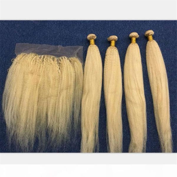 

brazilian virgin human hair #613 blonde kinky straight 3bundles with frontal coarse yaki blonde 13x4 full lace frontal closure with weaves, Black;brown