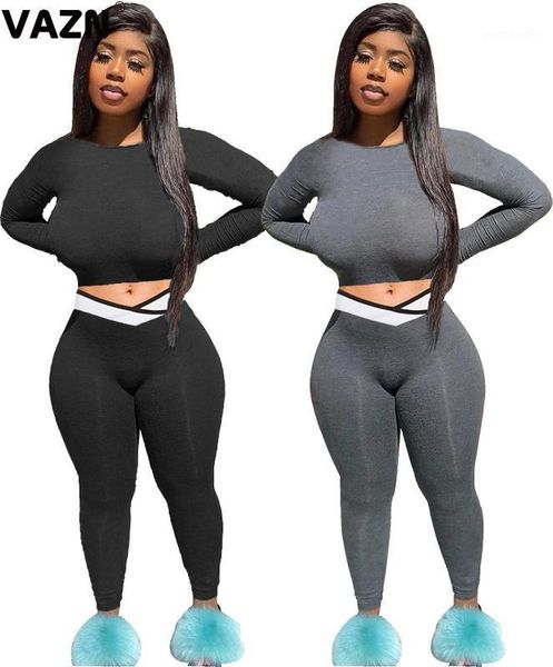 

vazn 2020 new product lady black gray solid 2-piece long set full sleeve o-neck tees long pants set young casual chic sets1