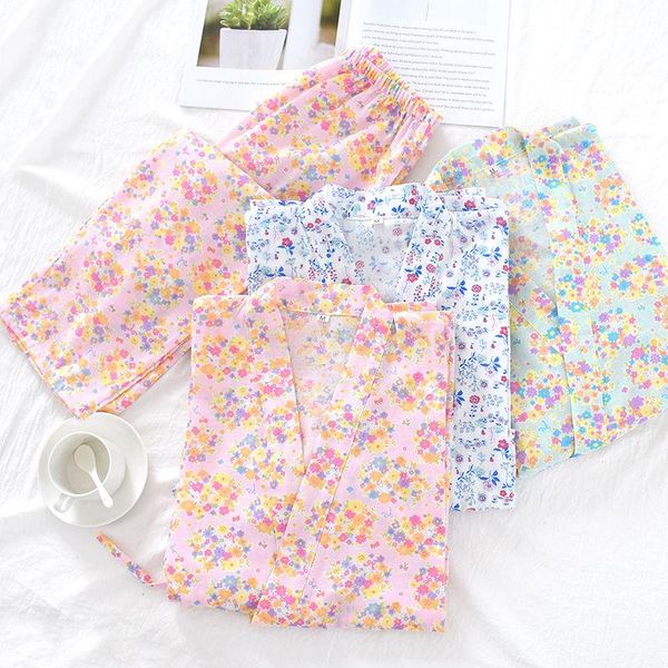 

ethnic clothing pure cotton pajamas female japanese kimono summer suit floral double-layer gauze breathable cute student yukata traditional, Red