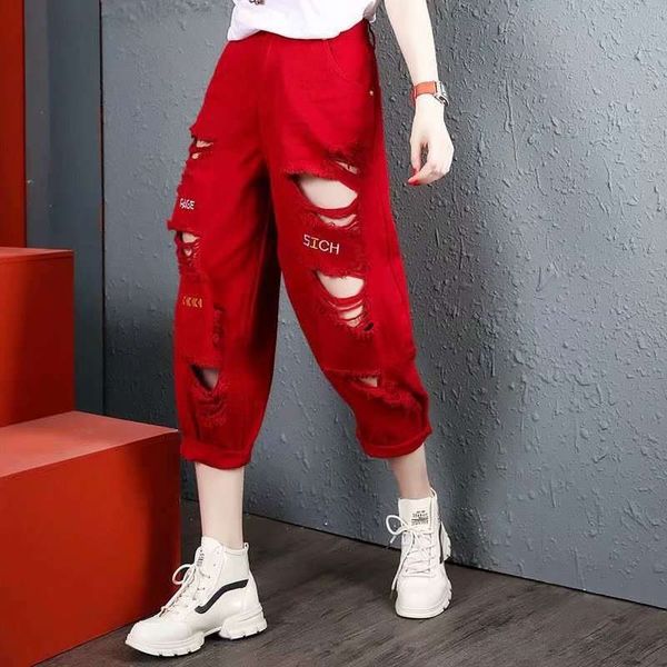 

2020 new women's jeans summer hole baggy trend loose korean fashion pants, Blue