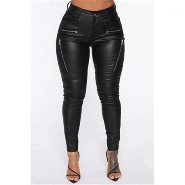 

mid waist casual skinny trousers female new spring slim leather with pockets pants women pu leather pants fashion trend zipper, Black;white