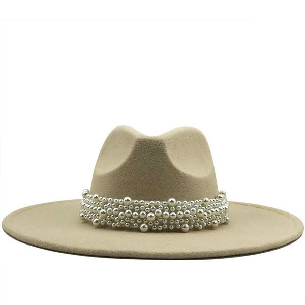 

9.5cm brim fedora hat men women imitation woolen felt hats simple british style super big brim panama hats with pearl belt, Blue;gray