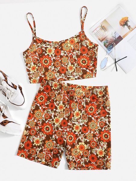 

floral print cami & shorts set s1ki#, White