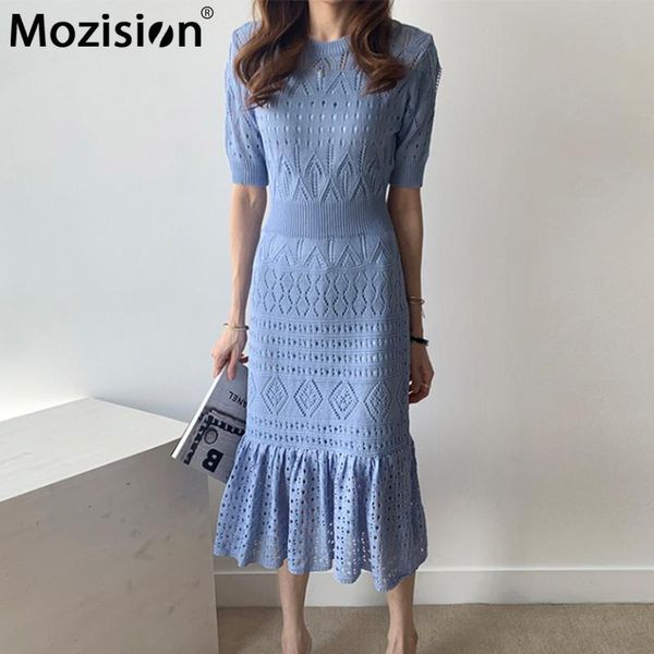 

mozision hollow out knitted pack hip fishtail dress women solid round collar slim long dresses 2020 winter new casual dress, Black;gray
