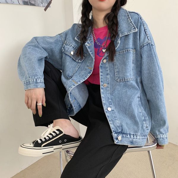 

autumn new korean loose and versatile small artistic denim jacket, Black;brown