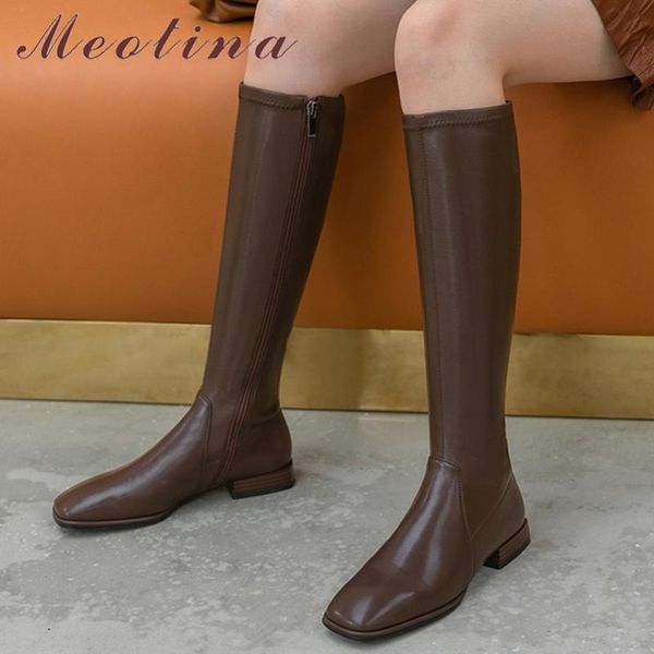 

meotina riding boots flats knee-high boots women shoes zipper square toe long female autumn winter brown large size 43, Black