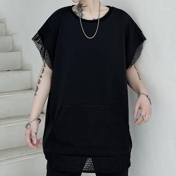 

male women hip hop gothic dress tees shirts men mesh splice hem streetwear fashion casual short sleeve t-shirt1, White;black