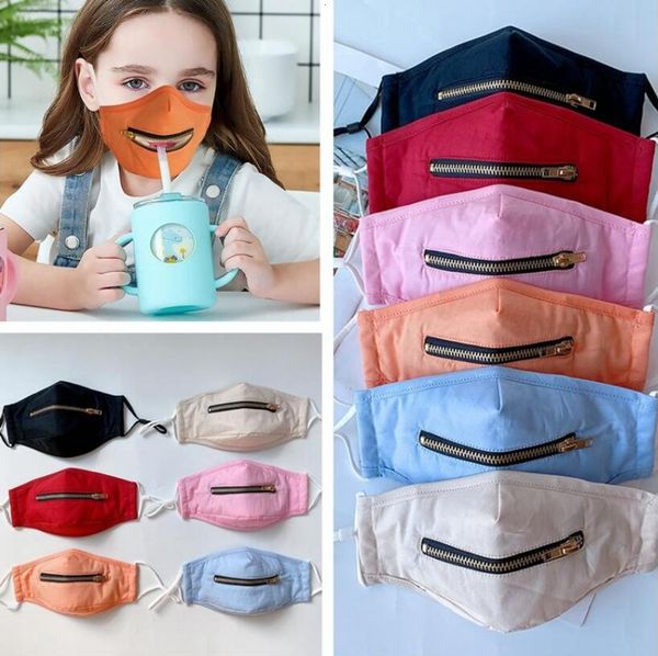 

factory kids 2 in 1 zipper designer face mask adjustable children dustproof mouth cover washable solid color cotton mask
