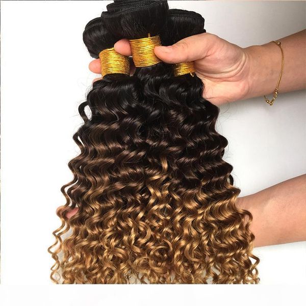

1b 4 27 dark root brown to honey blonde ombre brazilian human hair weaves wholesale deep wave three tone colored virgin remy hair, Black