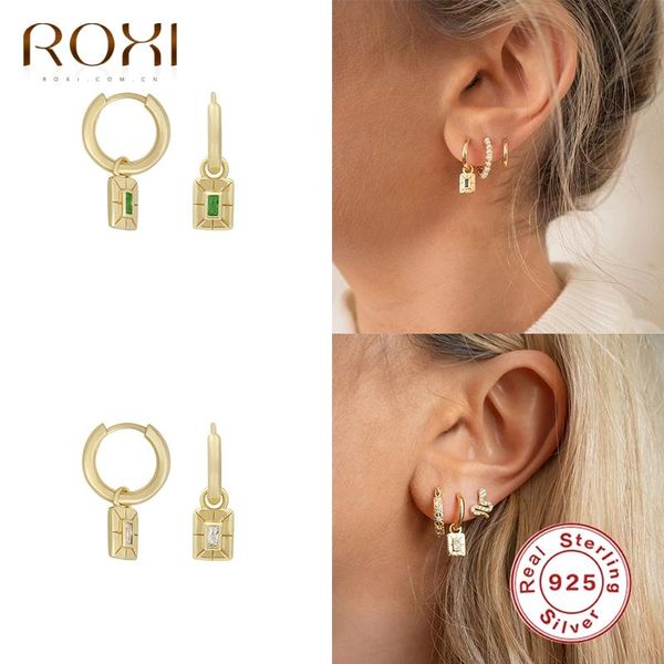 

roxi creative frame stone circle hoop earrings for women geometry unusual earring cartilage 925 sterling silver pendientes gift, Golden;silver