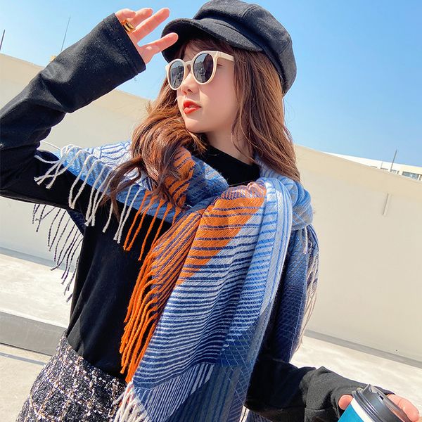 

national style colorful plaid new autumn and winter warm shawl thickened large scarf scarf for holiday tourism klwe, Blue;gray