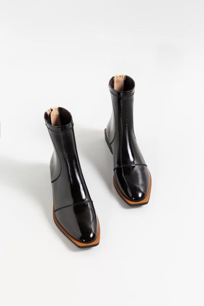 

boots lmyom brand genuine leather square toe back zipper patent mid-heel short thick heels simple color matching thin, Black