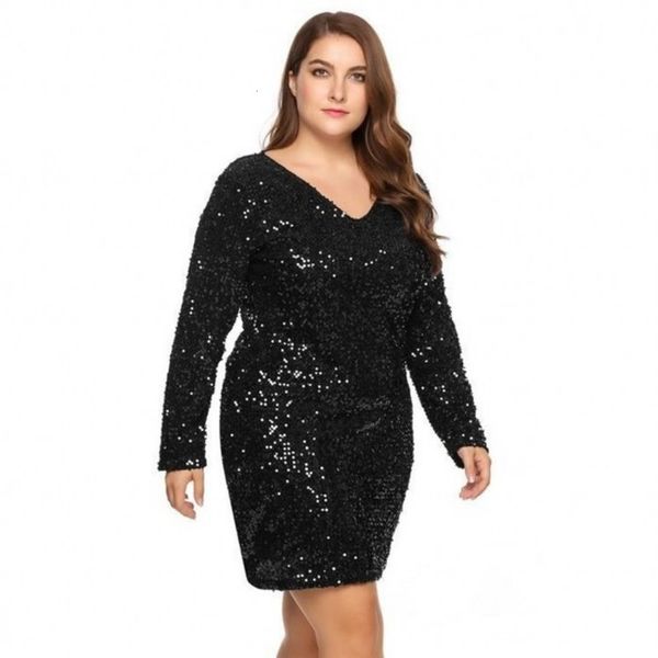 

large women's v-neck long sleeve 2019 sequin hip wrap dress, Black;gray
