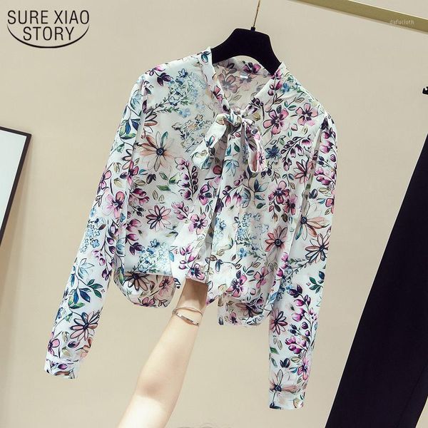 

autumn new korean style printed chiffon blouse casual women's shirt floral long sleeve lace up bottoming shirt cardigan 111541, White
