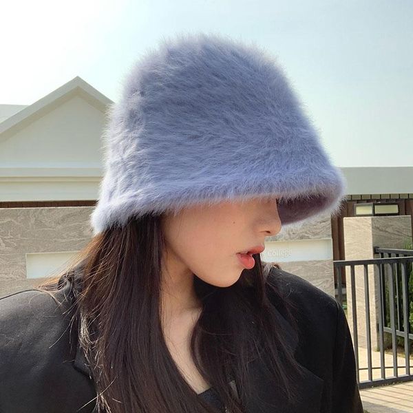 

wide brim hats 2021 hat winter women's fashion solid color fur bucket cap fisherman's retro knitted wool basin, Blue;gray