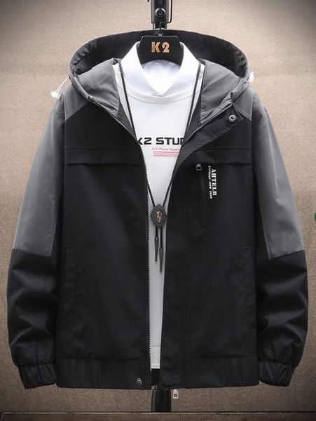 

men letter graphic two tone hooded jacket without p9wt#, Black;brown