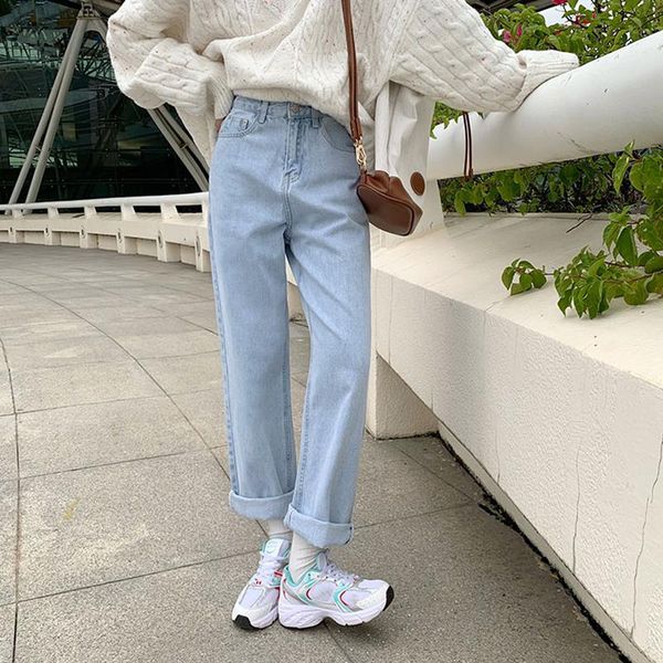 

women's jeans korean straight leg blue woman streetwear s-2xl plus size loose pants washed casual denim 2021 baggy jean femme