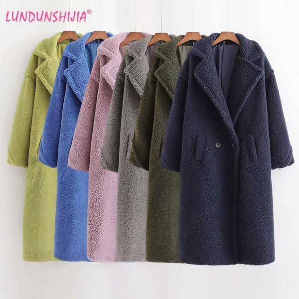 

women's wool & blends lundunshijia 2021 arrival winter women long style thick teddy overcoat ladies loose lamb outwear jackets 12 color, Black