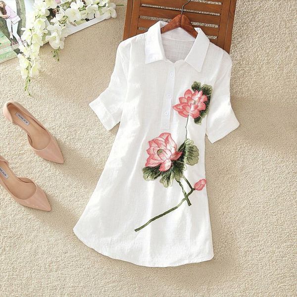 

white long shirt women office blouse plus size cotton linen vintage embroidery short sleeve ladies summer casual 4xl 5xl